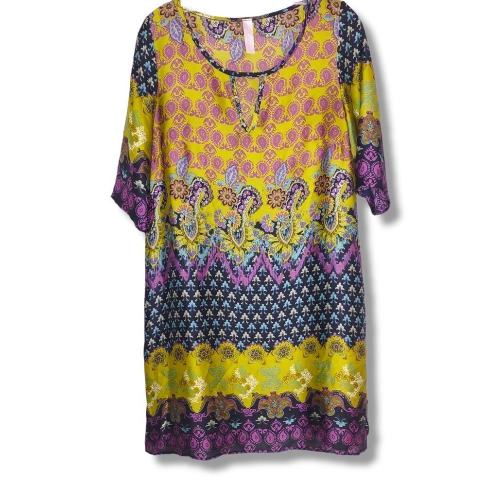 Love Notes Yellow Blue Print Dress Silk Half Sleeves Scoop Neck Pullover Knee Le